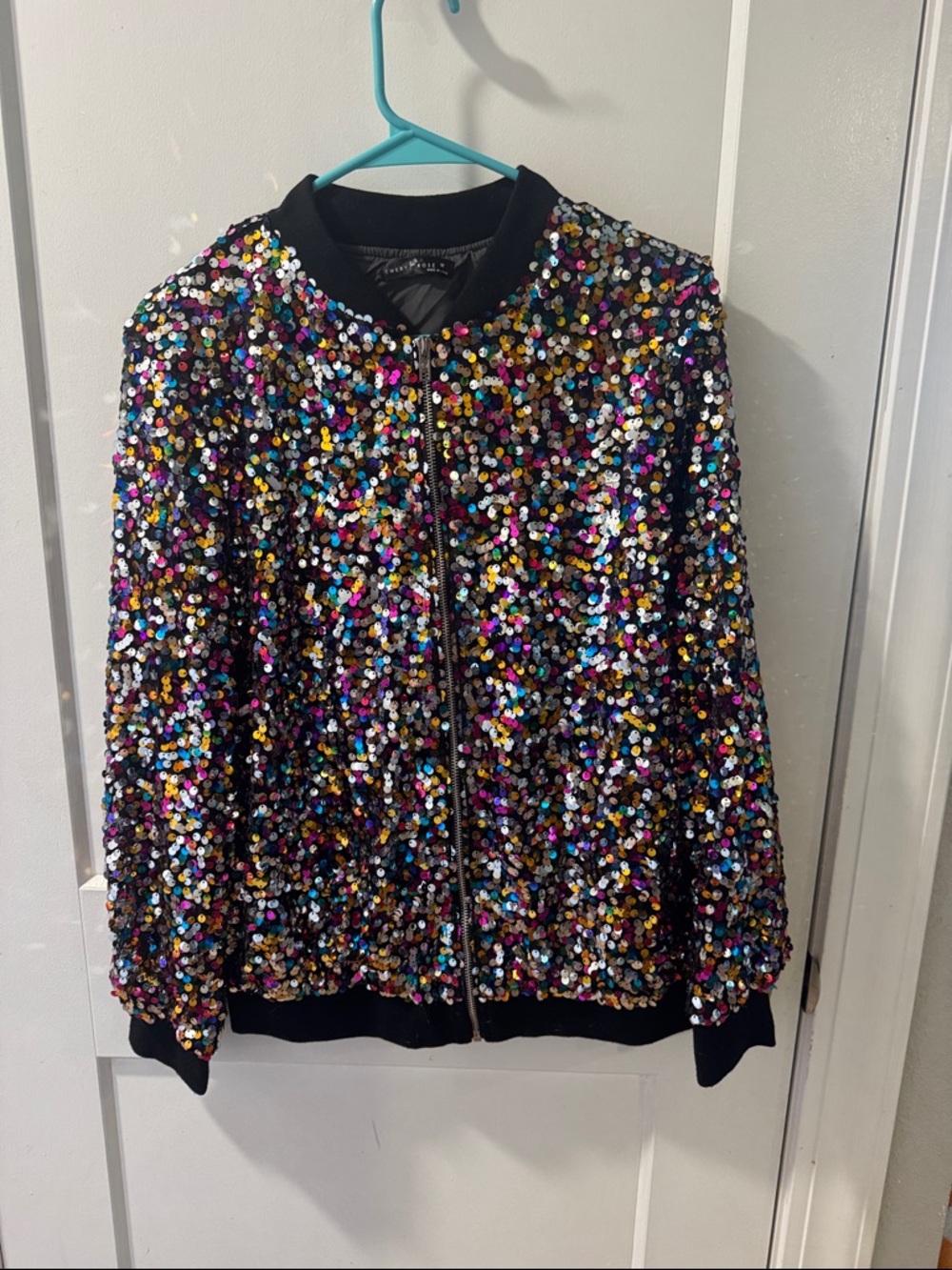Black Sequin Bomber Jacket - Multicolor Sparkle